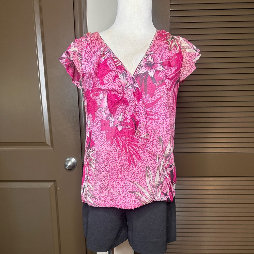 White House Black Market | Floral Pink Surplice Blouse
